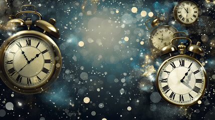 New Year's Eve vintage clock golden blue background