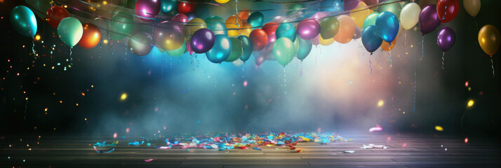 View of background with lights colorful confetti and balloons on stage - obrazy, fototapety, plakaty