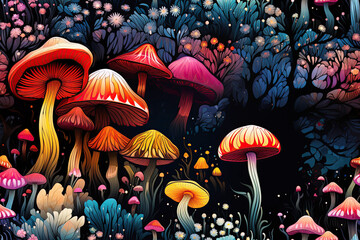 seamless pattern with poisonous hallucinogenic mushrooms fly agarics amanita toadstool on multicolored neon psychedelic background