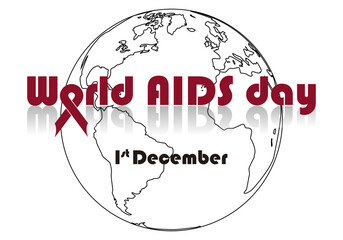 SIDA. Día mundial del SIDA, portada con el lazo rojo integrado en el título, fecha y el planeta Tierra en trazo negro © Montsilus
