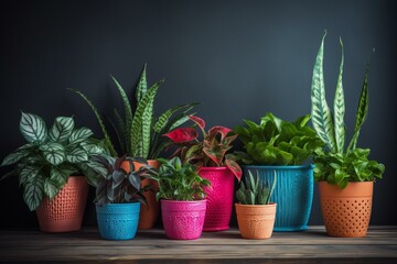 Assorted houseplants in colorful pots. Generative AI