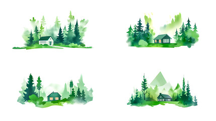 Watercolor style of set of green houses among green trees on white background.