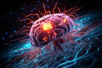 Human brain analized by AI Technology, close-up showing neural pathways and neurons firing, Generative AI