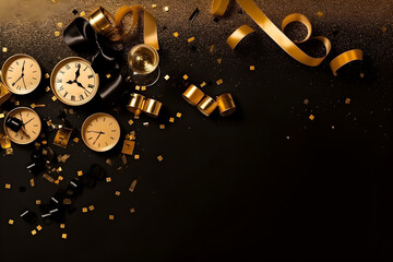 New Year's Eve clock and gold Christmas decorations background copy space