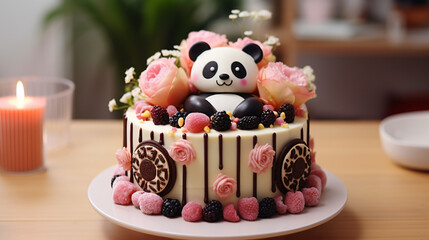 A childrens birthday cake decorated with a panda