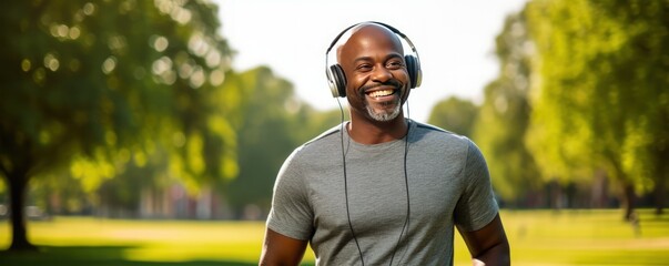 Sports and physical education as a lifestyle. Mature African American athlete during jogging workout in city park. Jogging workout with your favorite music with online app. - obrazy, fototapety, plakaty