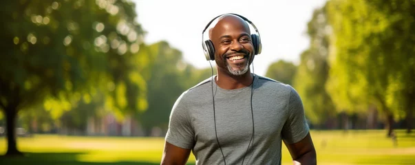Fotobehang Sports and physical education as a lifestyle. Mature African American athlete during jogging workout in city park. Jogging workout with your favorite music with online app. © Stavros