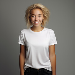 Fototapeta premium Mock-up t-shirt beautiful blonde woman white t-shirt