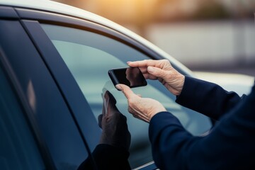 An elderly person taking a photo of the VIN number on the car behind the windshield for an insurance company, Generative AI - obrazy, fototapety, plakaty