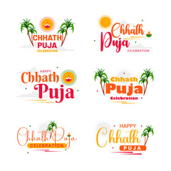 Creative typography, emblem and badges set of Chhath Puja Indian festival celebration. - obrazy, fototapety, plakaty