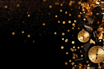 New Year's Eve clock and gold Christmas decorations background copy space - obrazy, fototapety, plakaty