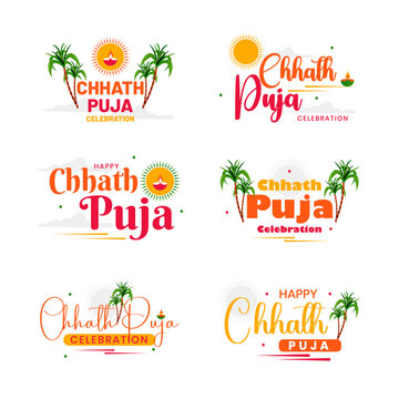 Creative typography, emblem and badges set of Chhath Puja Indian festival celebration.