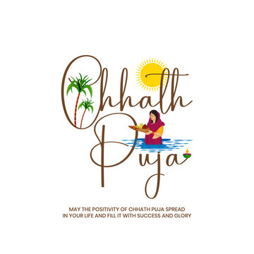 Creative Calligraphy of Chhath Puja and women praying of sunrise and bathing in holy river of Bihar.