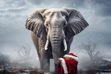 Foto op Aluminium Portrait of an elephant with a Santa hat. The snow is blowing and the ground is white, the bare branches of the trees in the background. © AI Studio