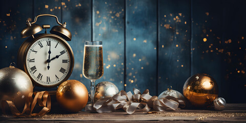 Vintage New Year's Eve Christmas background with an old clock - Powered by Adobe