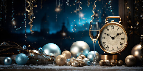 New years Eve clock champaign glasses golden blue background