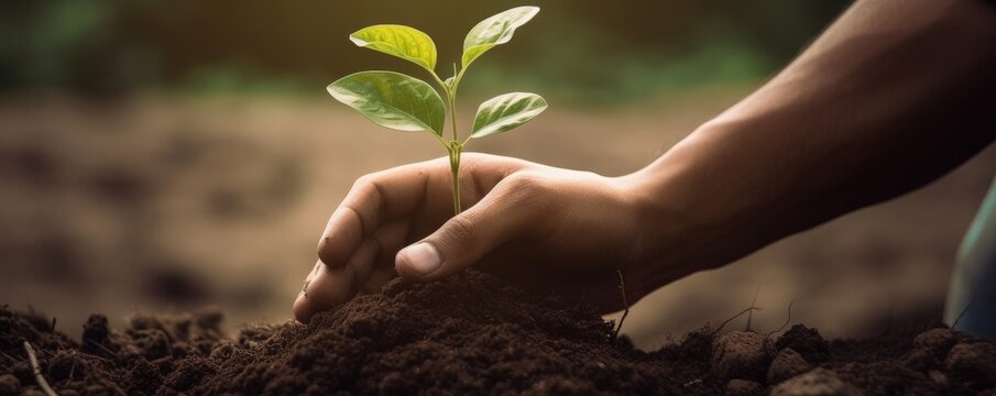 Close up of a hand holding a small tree for planting, Concept of Sustainability and reforestation for Earth Day. Generative AI