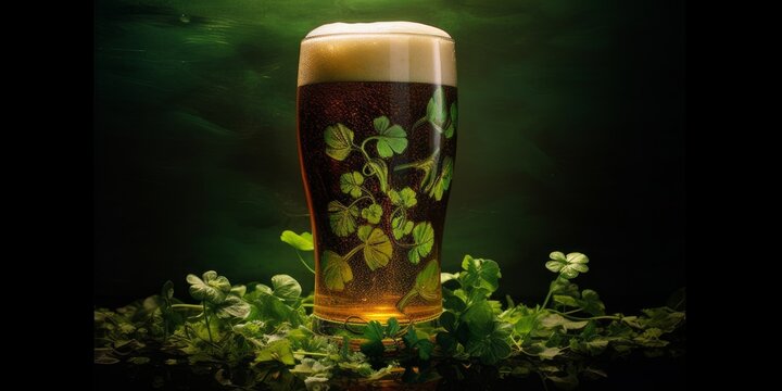 Cold beer with clovers inside banner, St. Patrick's Day Holiday, Generative AI