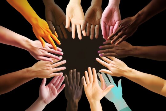 Illustration of a group of diverse hands, representing teamwork and collaboration, Generative AI