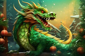 A fabulous green wooden dragon. A cute cartoon dragon is sitting next to Christmas tree with gifts. New Year's 2024 card