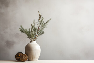 White beige ceramic vase with pine fir branch and Christmas decor on minimal light grey background. Empty winter banner mock up with copy space for text