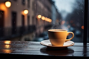 Fototapeta premium Rainy day. Enjoying warm cup by window. Cosy reflections. Coffee on wooden table by rain streaked. Morning in rainy hues. Aromatic by wet