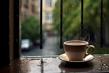Rainy day. Enjoying warm cup by window. Cosy reflections. Coffee on wooden table by rain streaked. Morning in rainy hues. Aromatic by wet