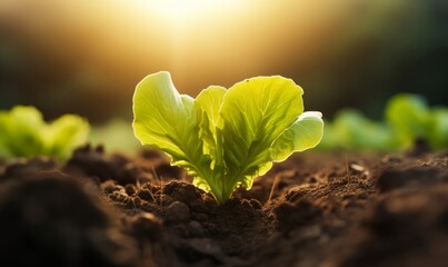 Close up  a small lettuce seedling on plantation at sunrise, Concept of Sustainability and healthy food. Generative AI - obrazy, fototapety, plakaty