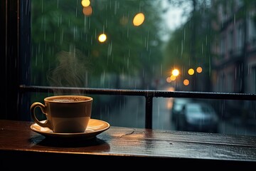 Rainy day. Enjoying warm cup by window. Cosy reflections. Coffee on wooden table by rain streaked. Morning in rainy hues. Aromatic by wet
