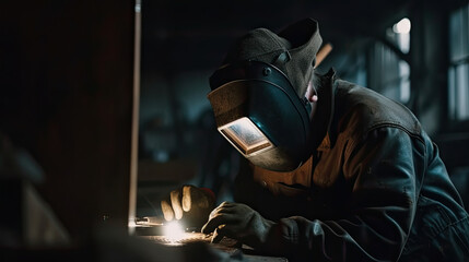 A man wearing a gas mask is working or welding on a piece of metal.