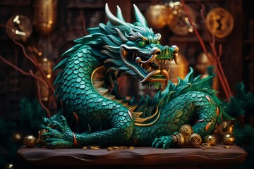 Fabulous cartoon green wooden dragon symbol of the 2024 New Year. The symbol of the Chinese Asian...