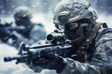 Fototapeta na wymiar Soldiers engaged in cold-weather training exercises, emphasizing resilience and adaptability. Generative Ai
