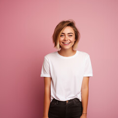 Fototapeta premium Mock-up t-shirt beautiful woman white t-shirt pink background