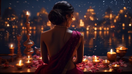Young woman on background dial on terrace on occasion of Happy Diwali, back, oil lamp light, lit on colorful rangoli during diwali celebration. Hindu festival of lights celebration
