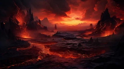 Papier Peint photo Paysage fantastique End of the world, the apocalypse, Armageddon. Lava flows flow across the planet, hell on earth, fantasy landscape inferno magma volcano