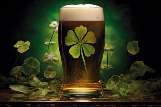 Cold beer with clovers inside, St. Patrick's Day Holiday, Generative AI