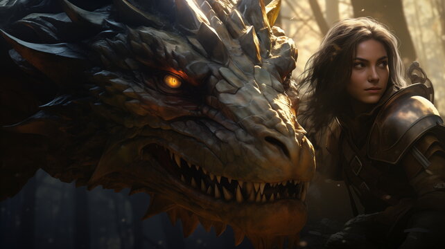 Portrait of woman knight in armor and a fighting dragon in forest, red glowing dragon eyes
