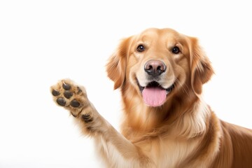 Portrait of a happy adult golden retriever dog pointing with his paw and smiling on isolated white background with copy space, Generative AI