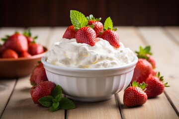 Delicious strawberries with whipped cream on a wooden table, close-up. Generated by artificial intelligence