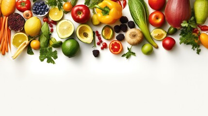 Healthy eating, fresh fruits and vegetables on a white background. Fructorianism, raw food and vegetarianism