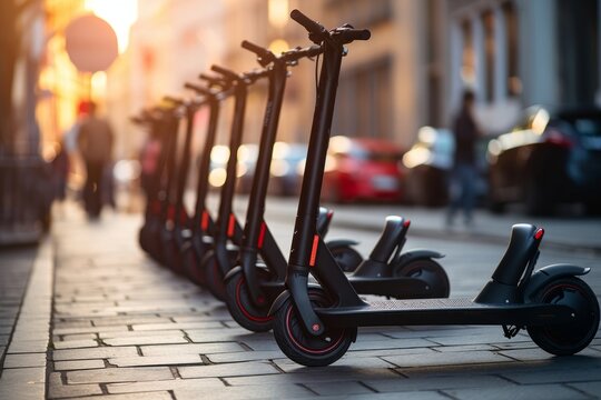 Fleet Of Electric Scooters Parked In A City, Generative AI