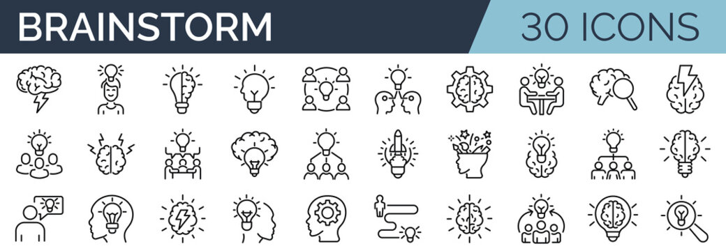 Set of 30 outline icons related to brainstorm. Linear icon collection. Editable stroke. Vector illustration