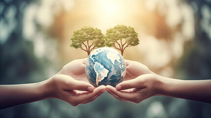 Hands holding a globe with the earth in the center.