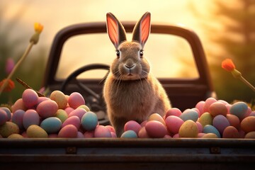 Fototapeta na wymiar Cute Easter Bunny looking out of a car filed with easter eggs at sunset, Generative AI