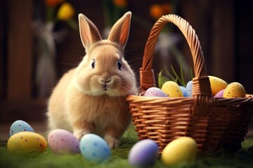 Easter Bunny with easter eggs in a basket, Generative AI