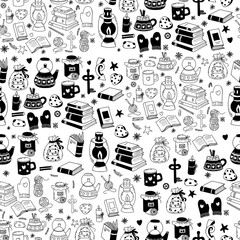 Seamless pattern cozy season winter. Books, knitting threads, jam and cup with teapot, cookies and mittens on white background. comfort background in in hand drawn doodle style. Vector illustration.