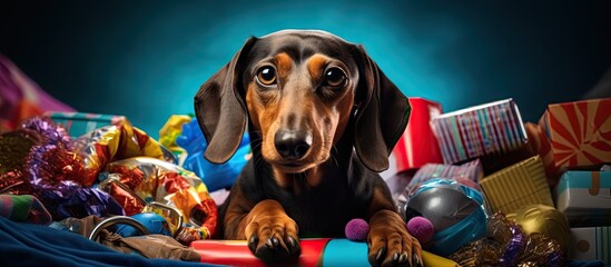 Selfish Dachshund in festive attire lies in pet bed guarding its toys and gift boxes refusing to share - obrazy, fototapety, plakaty