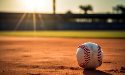 Baseball ball lying on the baseball field, concept of the beginning of the Baseball season. Generative AI - obrazy, fototapety, plakaty