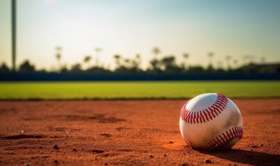 Baseball ball lying on the baseball field, concept of the beginning of the Baseball season. Generative AI - obrazy, fototapety, plakaty