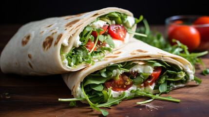 A wrap with tomatoes, mozzarella, and rocket salad.